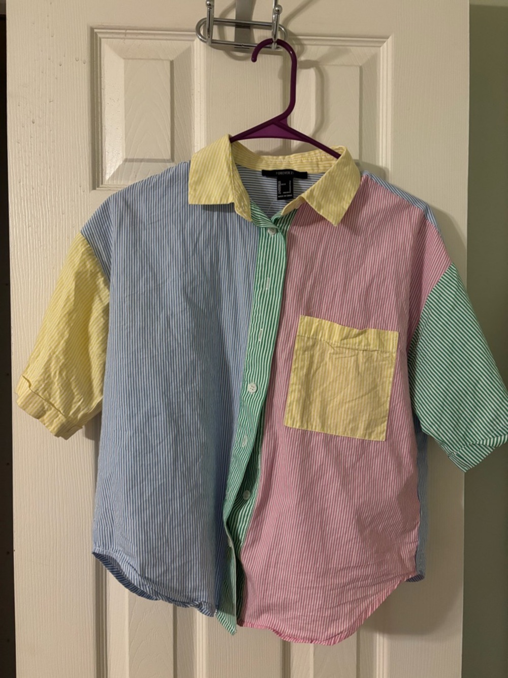 Cropped Colorblock Striped Short Sleeve Shirt - Multicolor